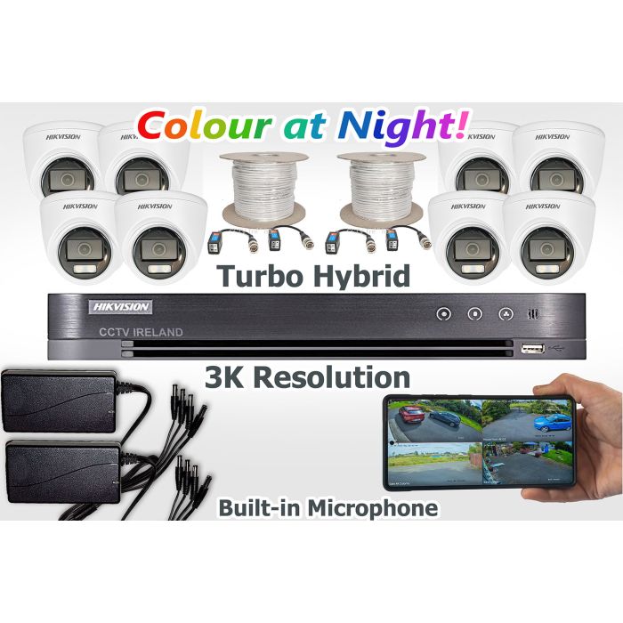HIKVision Eight Camera Turbo CCTV Kit with 5MP Hybrid ColorVu Cameras with mics 2TB